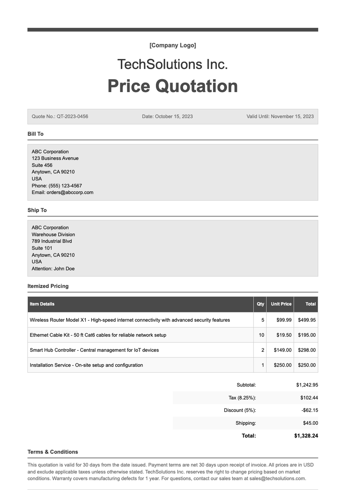 Professional price quotation template with itemized table and terms section_variant_2
